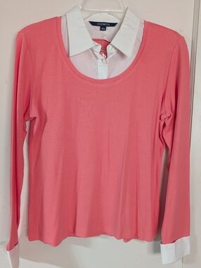 Chadwicks Coral Pink Layered-Look Long Sleeve Top with White Collar